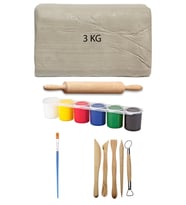 Beyaz Seramik Hamuru 3 kg Kil Ebeşuar Seti 6x15 ml Akrilik Seti Seramik Kil Ahşap Merdane Oyun Hamur