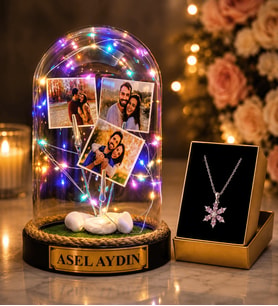 Kişiye Özel Renkli LED Işıklı 3 Fotoğraflı ve Yazılı Fanus & Pembe Ametist Taşlı Lotus Kolye Hediye Seti