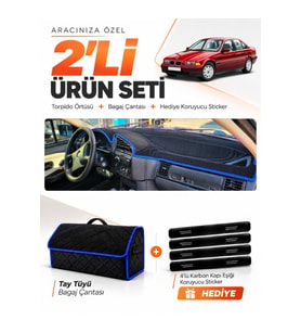 BMW 3.20i (E36) AIRBAGSİZ (1990-2000) Uyumlu Torpido Örtüsü + Tay Tüyü Bagaj Çantası Seti - Siyah Mavi