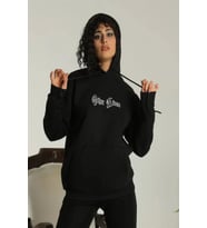 Sırt Baskılı Oversize Üç İplik Kapüşonlu Sweatshirt - Siyah