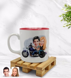 BK Gift Kişiye Özel Motorcu Sevgililer Karikatürlü İçi Kırmızı Renkli Kupa Bardak Model 1