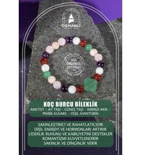 Koç Burcu Bileklik Ametist, Ay Taşı, Güneş Taşı, Kırmızı Akik, Pembe Kuvars, Yeşil Aventurin