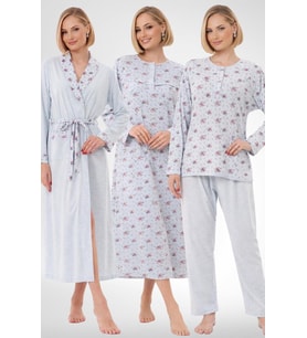 Mecit 6318 Mavi Büyük Beden Kadın Sabahlık Pijama Gecelik Set