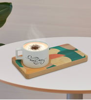 BK Gift Kişiye Özel Modern Art Tasarımlı Doğal Ahşap Tabaklı Seramik Fincan Sunum Seti  Model 9