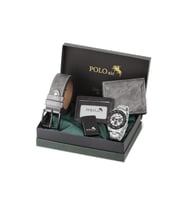 Polo Air Erkek Kol Saati Kemer Cüzdan Kartlık Çakmak Hediyelik Kutusunda Gri Siyah Set PL-7046E4 (Gümüş)
