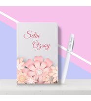 BK Gift Kişiye Özel Çiçek Desenli Beyaz Defter Kalem Seti-7