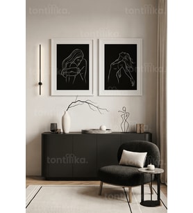 Minimalist Çizgisel Figür 2'li Ahşap Çerçeveli Tablo Seti