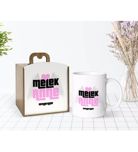 BK Gift Kişiye Özel Ahşap Kutuda Anneler Günü Temalı Melek Anne Tasarımlı Beyaz Kupa Bardak-1