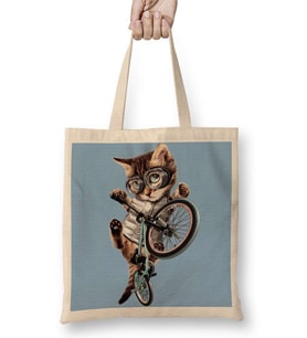 Cat Kedi Bisiklet Şov Bez Çanta Uzun Saplı