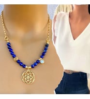 Manna by Banu, LAZULİ Kolye, Doğal Taş, Lapis Lazuli, Altın Kaplama, El Yapımı, Kadın Gerdanlık