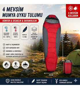 4 Mevsim Mumya Tip Uyku Tulumu -10°C Konforlu Kamp Uyku Tulumu Yıkanabilir KIRMIZI