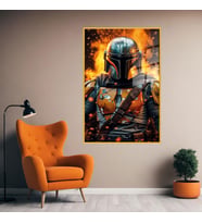 Metal Çerçeveli Temperli Cam Tablo Film Karakteri Mandalorian (Gold)