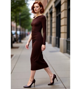 Kadın Şık Midi Boy Bodycon Asimetrik Yaka Tek Kollu Örme Elbise Aksesuar Detaylı Glam Koleksiyon