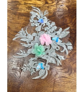 KELEBEKLİ ÇİÇEKLİ GÜPÜR TÜL DİKİŞ APLİKE 31X24 CM