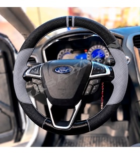 Ford S-Max Mk2 Dikme Direksiyon Kılıfı Delikli Deri Parlak Siyah Gri Detay Çift Yüzük ve Dikiş 2015-2023