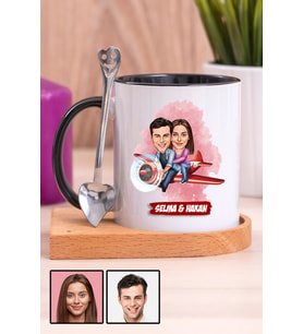Çiftlere Özel Hediye Uçak Temalı Karikatürlü Ahşap Altlıklı Siyah Kupa Bardak