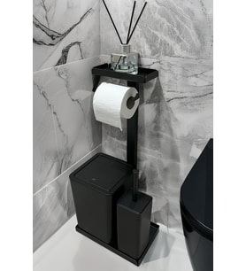 1 Arada Banyo Seti Tuvalet Kağıtlık, Çöp Kovası Ve Tuvalet Fırça Takımı (Mat Siyah)