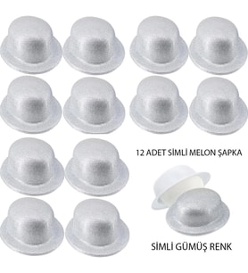 Nessiworld Gümüş Renk Simli Melon Yuvarlak Parti Şapkası 12 Adet