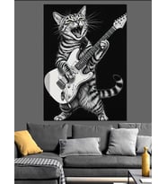 Gitar Çalan Punk Kedi Dekoratif Kanvas - Mdf Ahşap Tablo