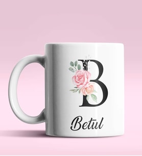 Kişiye Özel B Harfi Temalı Gül Tasarım Beyaz Renk Kupa