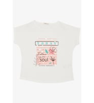 Breeze Kız Çocuk Tişört Çiçek & Yazı Baskılı Pullu 9-14 Yaş, Ekru