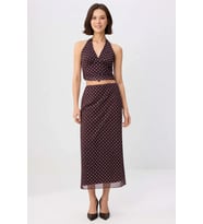 Kadın Büyük Beden Puantiyeli Boyundan Bağlamalı Kolsuz Tül Örme Crop Top Etek Takım Günlük Rahat
