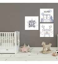 3'lü Kare Kanvas Bebek Odası Soft Baykuş ve Geyik Tablo Seti