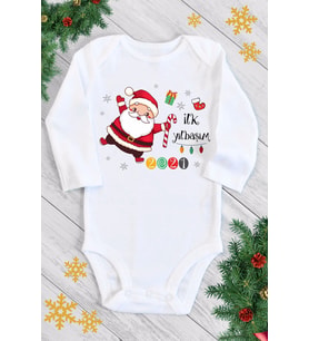 Unisex Bebek Beyaz İlk Yılbaşım Uzun Kol Çıtçıtlı Body