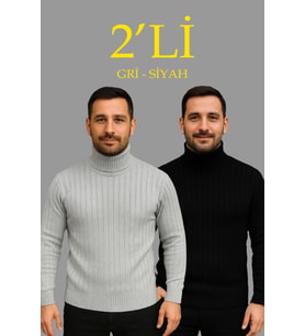 Erkek Fitilli Triko Kazak 2li Set Gri Siyah Regular Balıkcı Yaka Tam Boğazlı Triko Seti Modeli Kazak