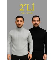 Erkek Fitilli Triko Kazak 2li Set Gri Siyah Regular Balıkcı Yaka Tam Boğazlı Triko Seti Modeli Kazak