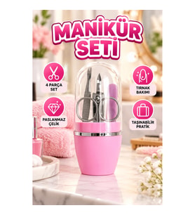 4 Parça Pembe Manikür Pedikür Seti – Tırnak Makası, Makas, Törpü ve Cımbız