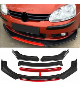 Vw Golf Mk6 Kırmızı Renkli Şeritli Dilli Ön Lip 4 Prç Parlak Siyah ABS