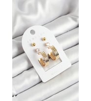 Pirinç Zirkon Taş Ve Halka Figürlü Gold Renk 3'lü Çift Kadın Küpe Set (Altın)