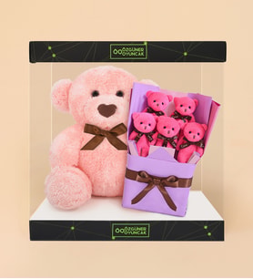 Sevgililer Gününe Özel Kutulu Peluş Ayıcık ve Fuşya Ayıcık Buketi (Pembe)