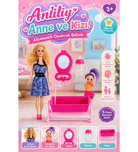 Anlily Anne ve Kız Oyuncak Bebek Seti 30 cm - 5 Parça Aksesuarlı Beşikli Evcilik Seti