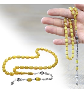 Ateş Kehribar Tesbih - 925 Ayar Gümüş Kral Zincir Püsküllü - Elmas Kesim - Hareli Sarı Renk