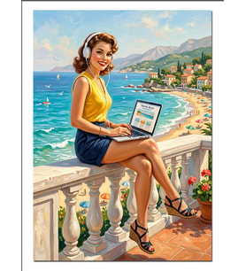 Sahilde Laptop İle Çalışan Sarışın Dekoratif Kanvas - Mdf Ahşap Tablo