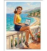 Sahilde Laptop İle Çalışan Sarışın Dekoratif Kanvas - Mdf Ahşap Tablo