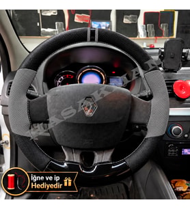 Renault Megane 3 Dikme Direksiyon Kılıfı Delikli Deri Parlak Siyah Gri Detay Çift Yüzük ve Dikiş 2008-2016