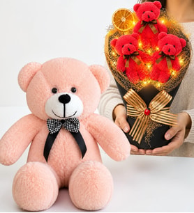 LED Işıklı Fuşya Peluş Ayıcık Buketi ve 50 cm Pembe Peluş Ayıcık Hediye Seti