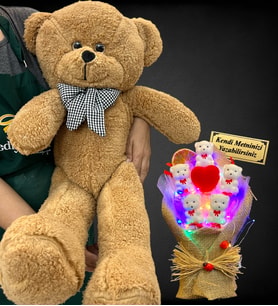 Size Özel Led Işıklı İsimli Ayıcık Buketi ve Büyük Boy 80cm Kahve Peluş Ayıcık (Model 2)