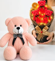 LED Işıklı Fuşya Peluş Ayıcık Buketi ve 50 cm Pembe Peluş Ayıcık Hediye Seti