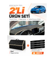KİA RİO (2019-2024) Uyumlu Torpido Örtüsü + Deri Bagaj Çantası + Sticker Seti - Siyah Bej