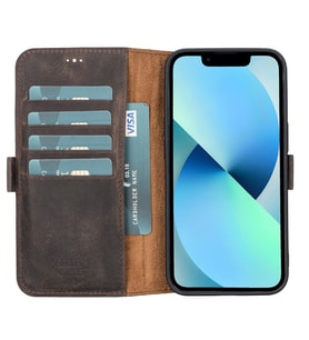 Apple iPhone 13 Uyumlu Deri Cüzdanlı Kılıf Acı Kahve