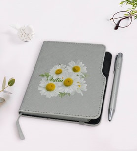 BK Gift Kişiye Özel Papatya Temalı Gri Termo Deri Defter Kalem Seti-12