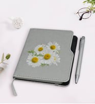 BK Gift Kişiye Özel Papatya Temalı Gri Termo Deri Defter Kalem Seti-12
