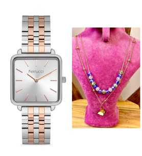 Ferrucci Kare Kadran Çelik Kordon Vintage Model Kadın Kol Saati (Rose - Gümüş)