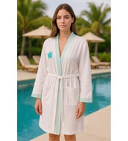 Baskılı Müslin Kimono Bornoz – Unisex  %100 Pamuk Yumuşacık 2 Katlı Doğal Kumaş (Turkuaz)