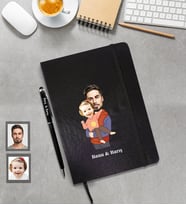 Kişiye Özel Babalar Günü Baba Kız Çocuk Karikatürlü Siyah Defter Kalem Hediye Seti Model-1