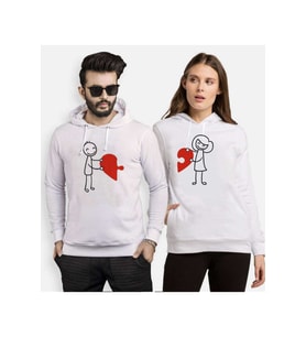 Tshirthane Puzzle Heart Sevgili Kombinleri Kapüşonlu Çift Kombini (Beyaz)